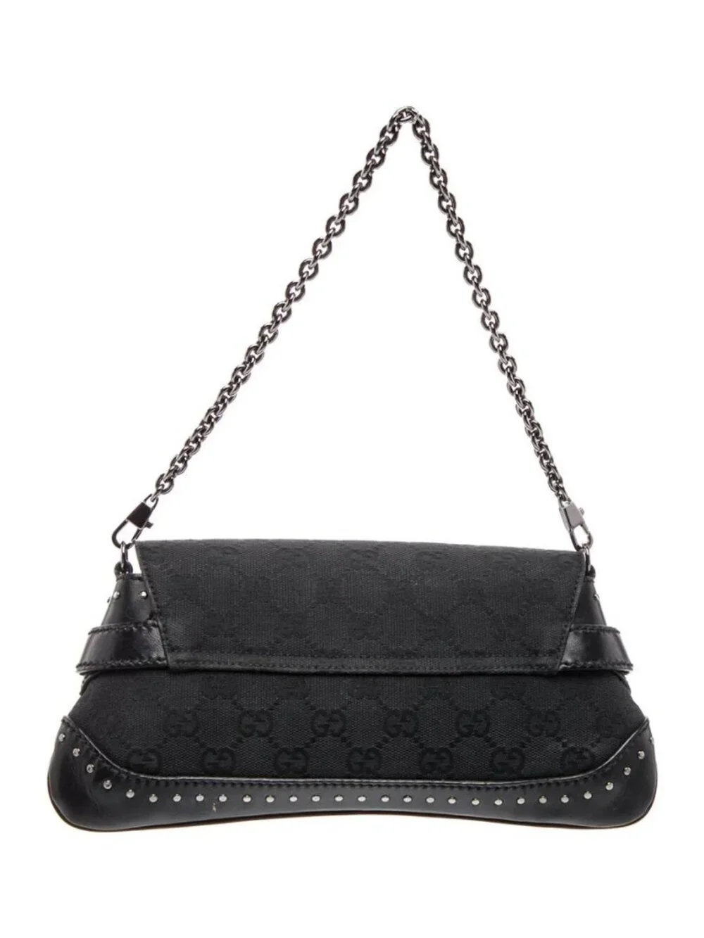 Gucci GG Canvas Horsebit Chain Small Black Shoulder Bag Silver Studded, LUX